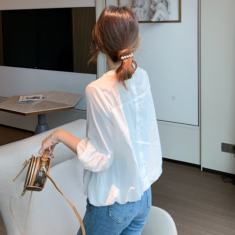 白色蕾丝女夏2020新款七分雪纺衬衣 佐丹莱蕾丝衫/雪纺衫