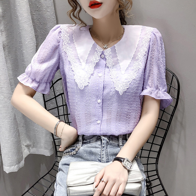 夏季新款洋气韩版超仙气质雪纺衬衫 佐丹莱蕾丝衫/雪纺衫