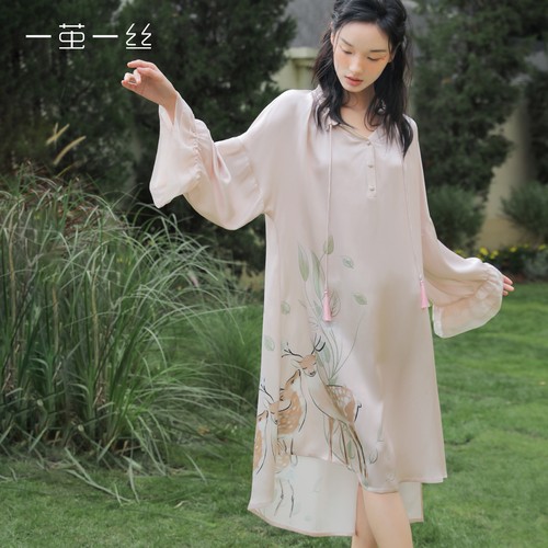 生日礼物』一茧一丝重磅真丝100%桑蚕丝睡裙木耳领流苏连衣裙国风 - 图1