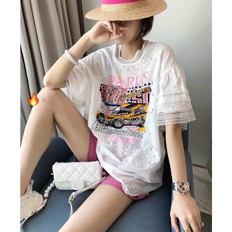 镂空蕾丝边喇叭袖女中长款2020 t恤 赛美意女装蕾丝衫/雪纺衫