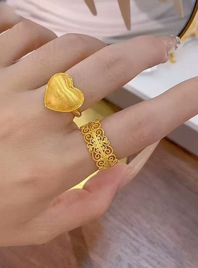 古法黄金花丝皇冠戒指女999足金宫廷风复古爱心纯金指环送礼新款
