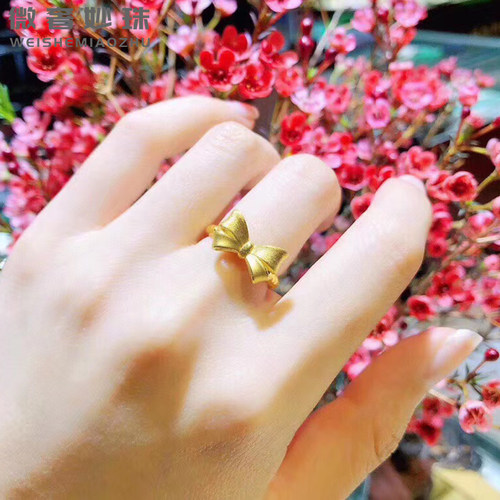 微奢妙珠黄金可爱蝴蝶结戒指女款999足金拉丝简约指环3D硬金首饰 - 图3