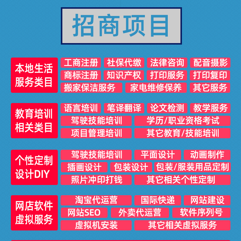 天猫出租招商合作本地化生活服务全类目淘宝个性化定制打印租店