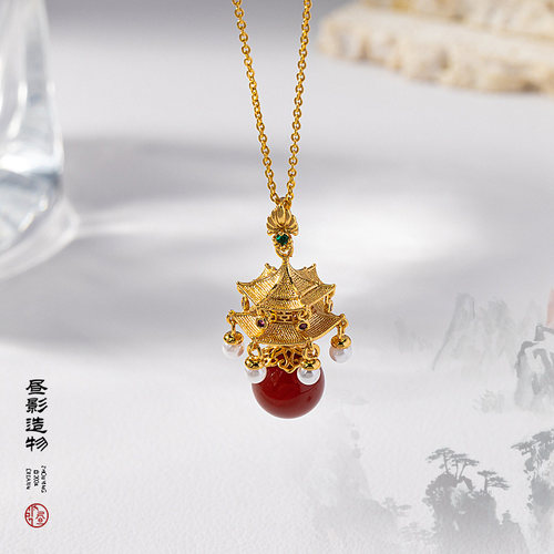 昼影造物《玲珑宫灯》新中式项链宫廷风耳环高级感红玛瑙耳饰套装 - 图3