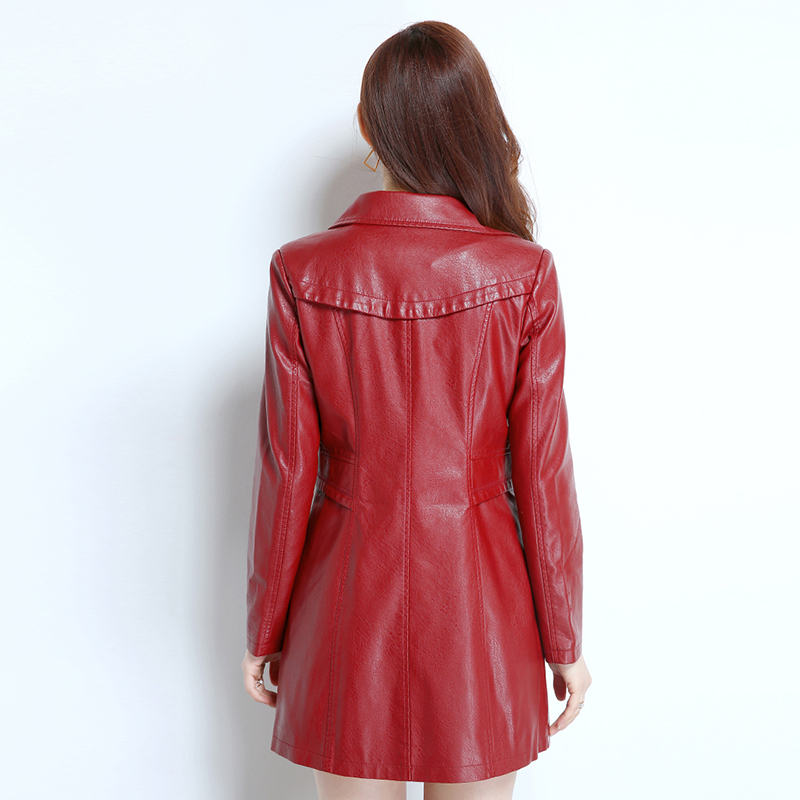 秋冬新款水洗皮pu中长款红色皮大衣 高昕皮衣