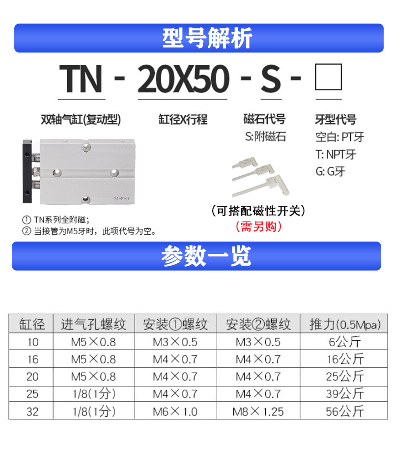 小型气动双杆双轴气缸TN10X16X20X25X32X40X75X100X125X15X50X60S - 图0