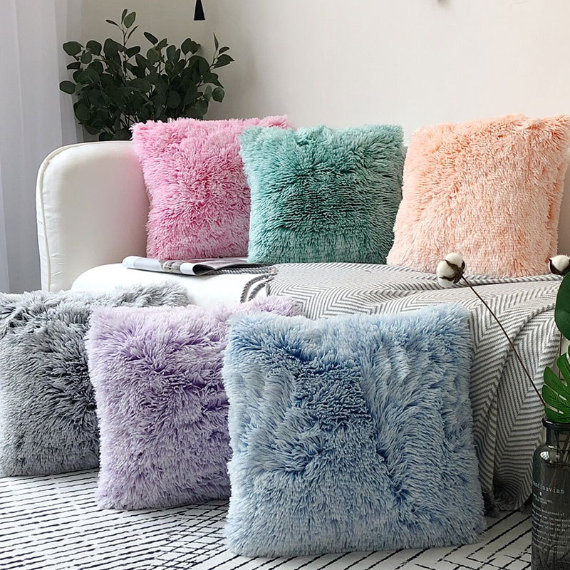 European solid color plush pillowcase sofa cushion cover抱枕-图2