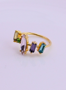 潮品小众轻奢欧美百搭os简约彩色玻璃宝石镶嵌优雅款戒指指环现货