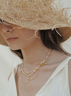 叠搭链条字母天然珍珠百搭项链