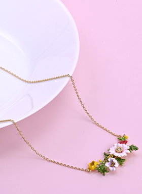 彩色花朵珐琅釉彩花丛设计感项链