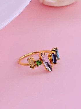潮品小众轻奢欧美百搭款简约彩色玻璃宝石镶嵌优雅款戒指指环现货