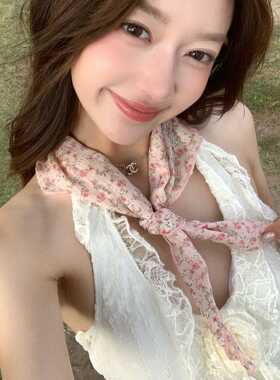香港高端法式田园风小碎花三角巾女防晒头巾海边系脖小围巾氛围感