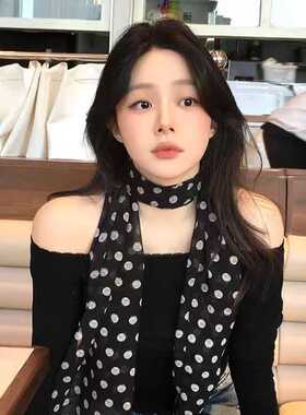 香港高端时髦简约黑色波点系脖丝巾女2025新款法式复古高级感长条