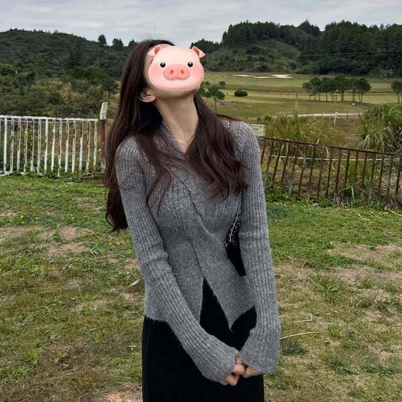 温柔风甜美粉色V领绞花针织衫女秋冬收腰气质内搭设计感开叉上衣,淘宝优惠券,粉丝福利购,淘宝优惠卷