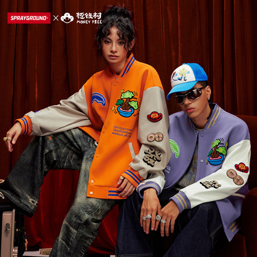 SprayGround鲨鱼嘴冬季夹棉棒球服夹克摇钱树联名宽松情侣外套潮 - 图0