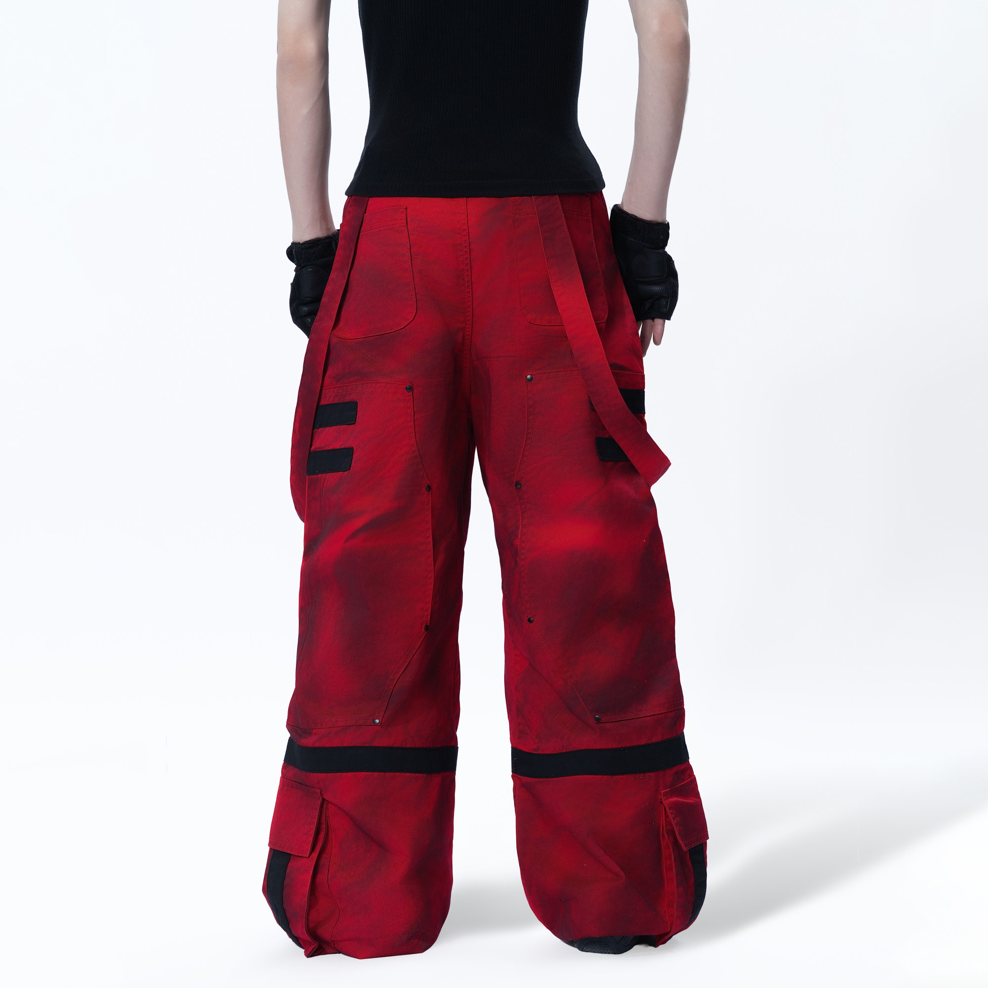 MOGONGSHE*机能风新年红工装裤护膝装饰多绑带设计赛博朋克背带裤,淘宝优惠券,粉丝福利购,淘宝优惠卷