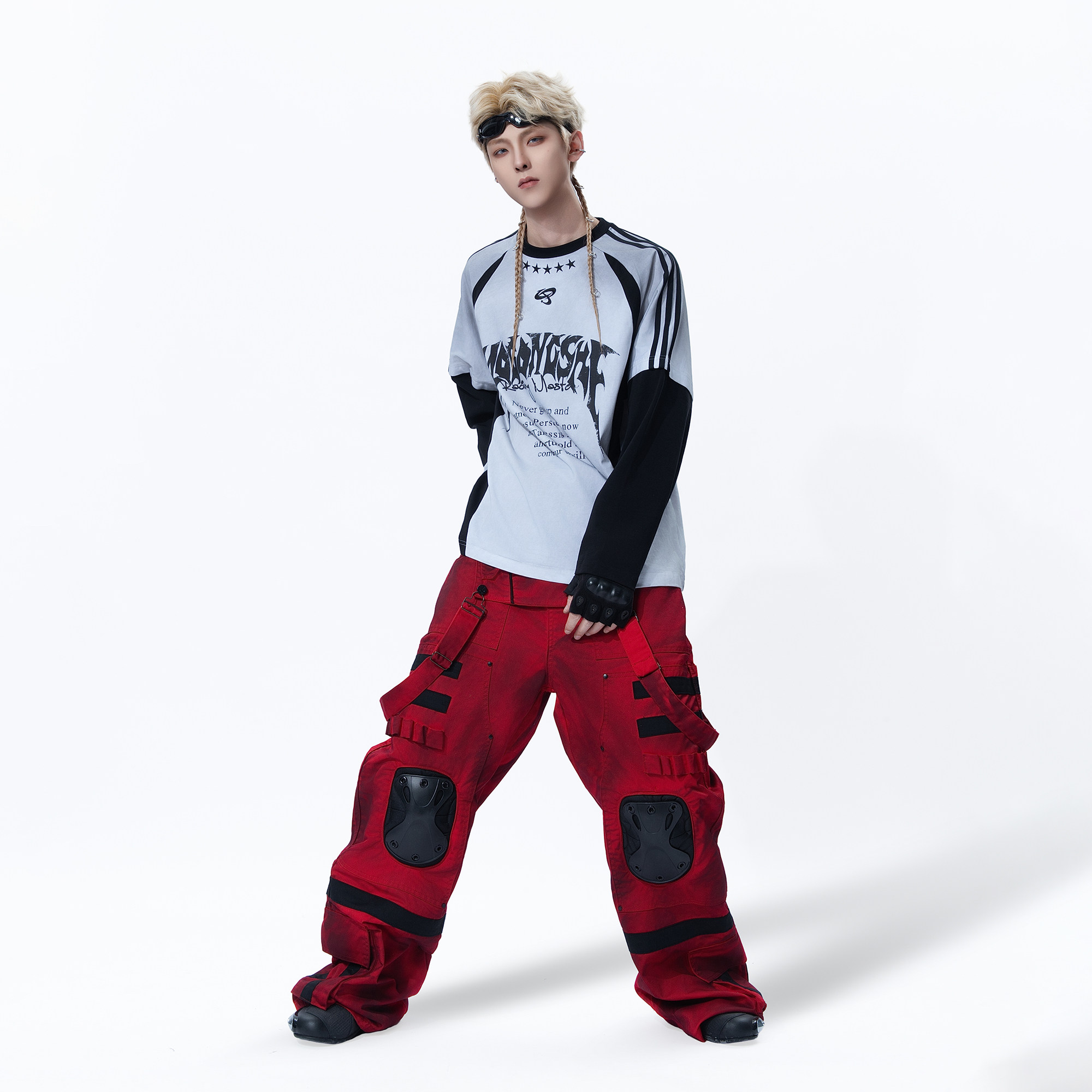 MOGONGSHE*机能风新年红工装裤护膝装饰多绑带设计赛博朋克背带裤,淘宝优惠券,粉丝福利购,淘宝优惠卷