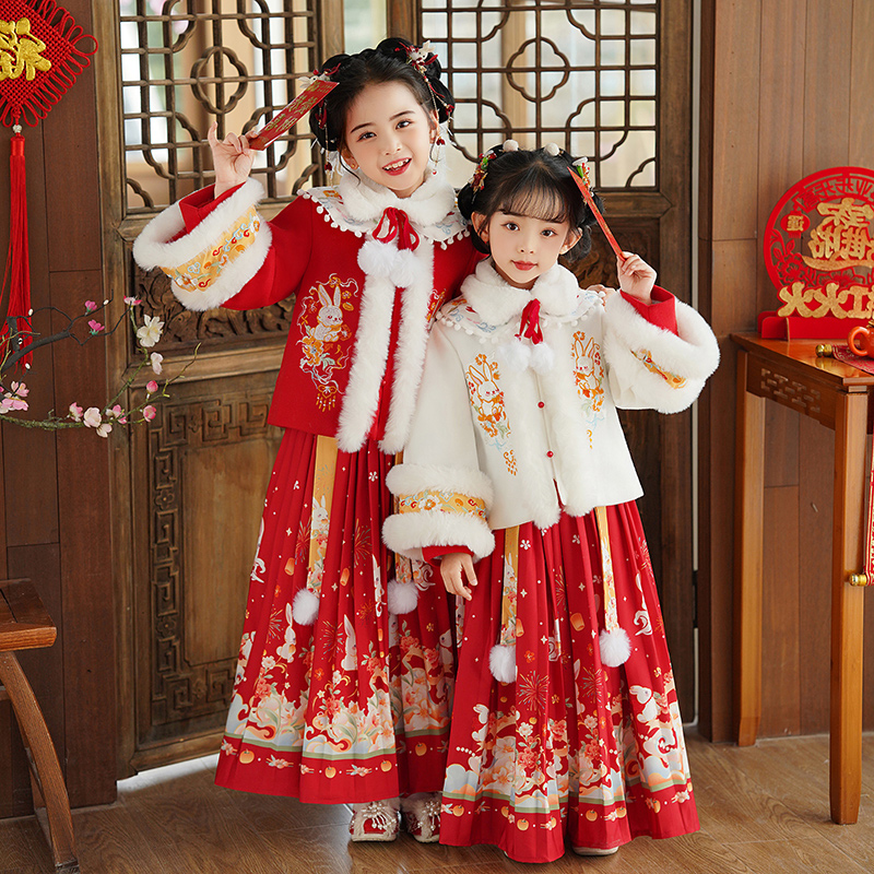 女童拜年服新中式汉服马面裙中国风唐装新年冬季加厚过年喜庆衣服
