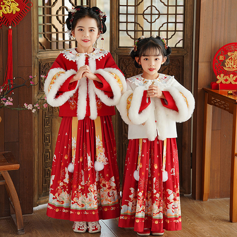 女童拜年服新中式汉服马面裙中国风唐装新年冬季加厚过年喜庆衣服