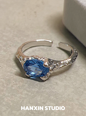 HANXIN S925纯银不规则肌理感蓝色锆石戒指女小众设计个性食指环
