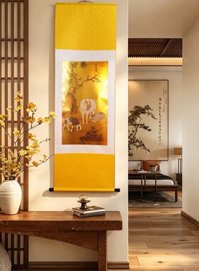 2026年三羊开泰图金箔画金丝宋锦新年实木画杆卷轴挂画礼盒装展示