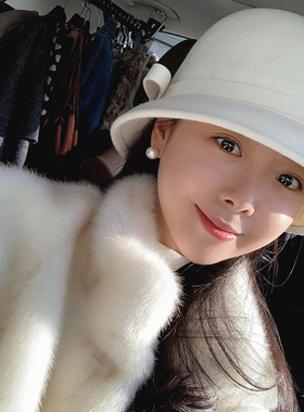 秋冬礼帽盆帽优雅白色帽子侧面cm赫本风羊毛呢渔夫帽女款法式复古