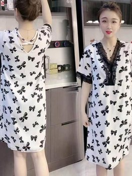 2024 New Leopard Print Nightgown Thin Short Sleeves Beautiful Back V-Neck Lace Pajama Dress Loose Printed Home Clothes for Women