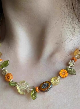 海岛落日春夏森系花卉锁骨链项链