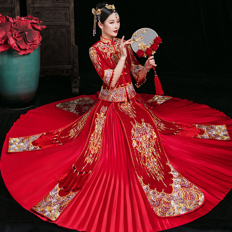 秀禾服2020新款禾服夏季结婚秀礼服 蓝靛熊旗袍