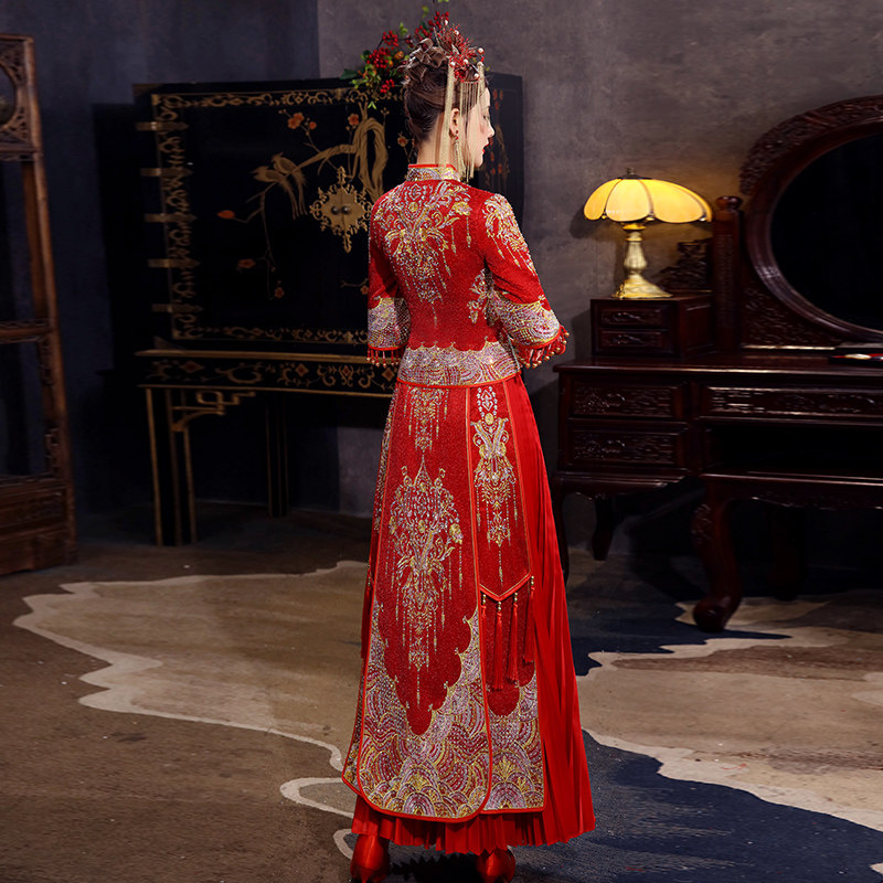 秀禾服2020新款新娘结婚中式新娘服 蓝靛熊旗袍