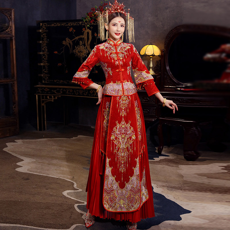 秀禾服2020新款新娘结婚中式新娘服 蓝靛熊旗袍