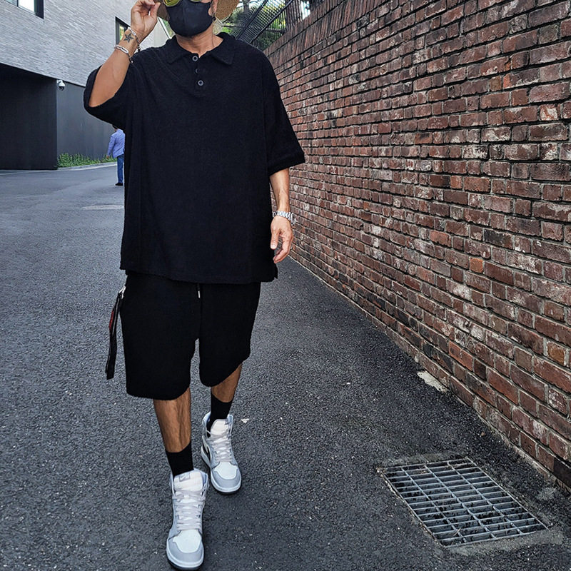 2024夏季欧美新款翻领短袖t恤POLO衫宽松短裤休闲套装men's suit,淘宝优惠券,粉丝福利购,淘宝优惠卷