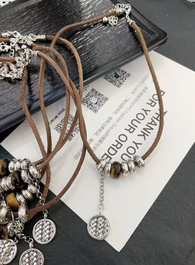 复古美拉德虎眼石项链小众设计复古皮绳串珠款时尚百搭网红装饰品