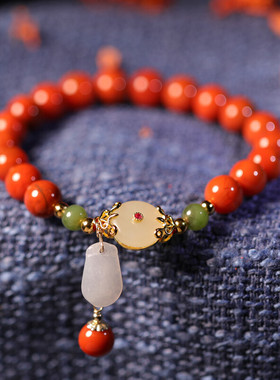 豆蔻时光凉山南红玛瑙银镶嵌和田玉石平安扣翡翠福袋手链霓裳玉衣