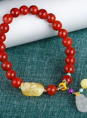 豆蔻时光凉山南红玛瑙配和田玉葫芦福禄琥珀蜜蜡貔貅水晶玛瑙手链