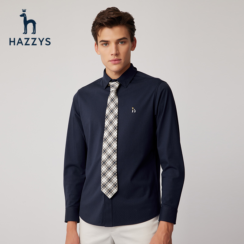 Hazzys哈吉斯春季新款男士长袖衬衣纯色休闲衬衫外套男潮流男装
