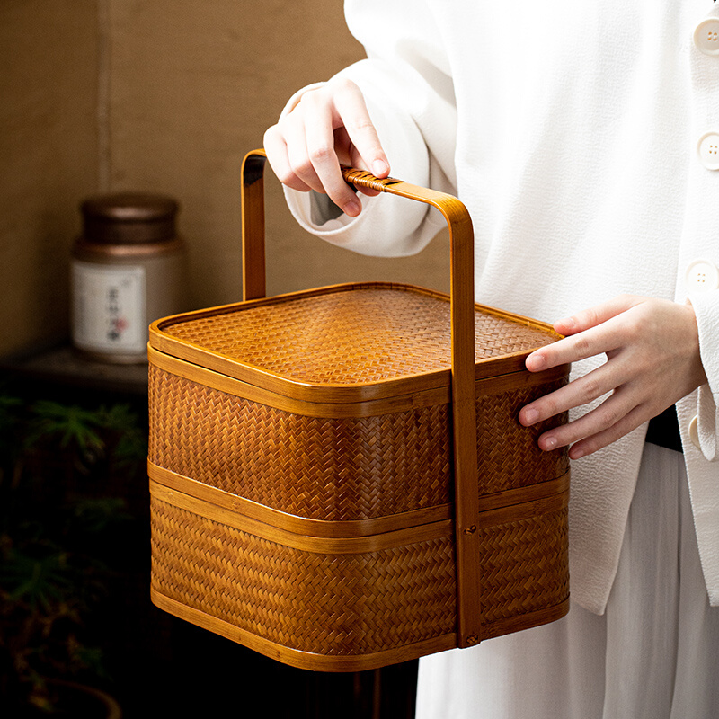 复古竹编食盒多层提篮茶具收纳盒手提仿古礼品分食盒带盖提盒家用-图3