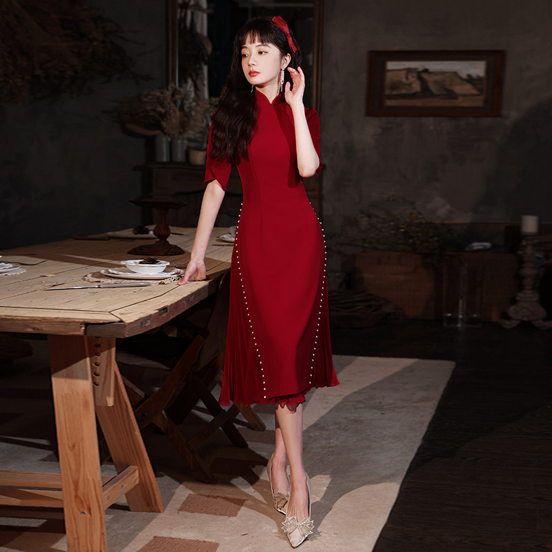 改良旗袍新娘酒红色结婚回门连衣裙 芸梦珊礼服/晚装