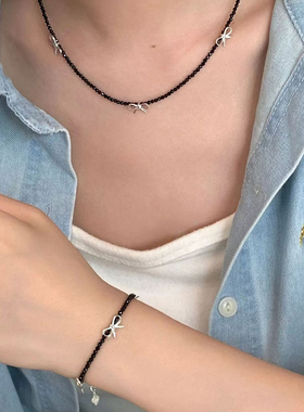 fever同款黑玛瑙串珠蝴蝶结项链