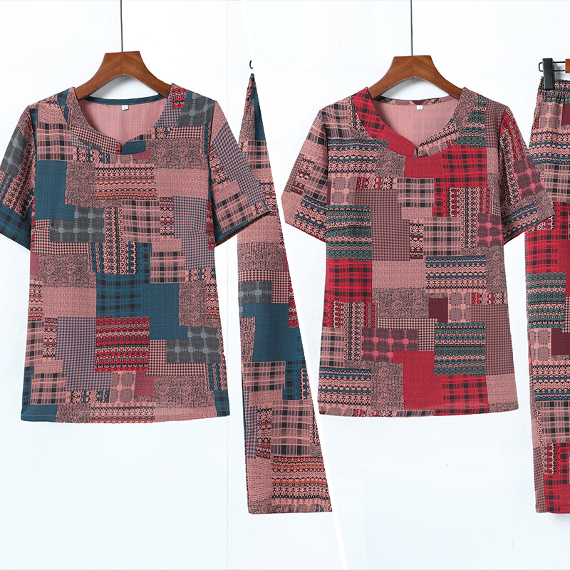 中老年人妈妈夏季七分袖衬衣套装