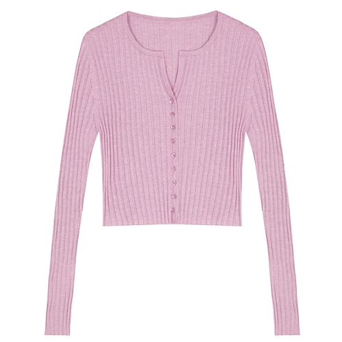 Сиреневый короткий кардиган, трикотажная куртка, осенний тонкий приталенный весенний свитер, в западном стиле