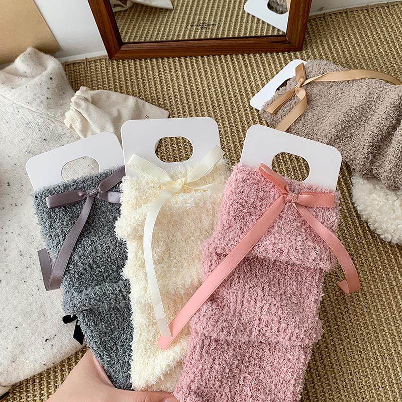 红色堆堆袜套女秋冬保暖防寒腿套日系蝴蝶结JK袜子圣诞毛绒小腿袜,淘宝优惠券,粉丝福利购,淘宝优惠卷