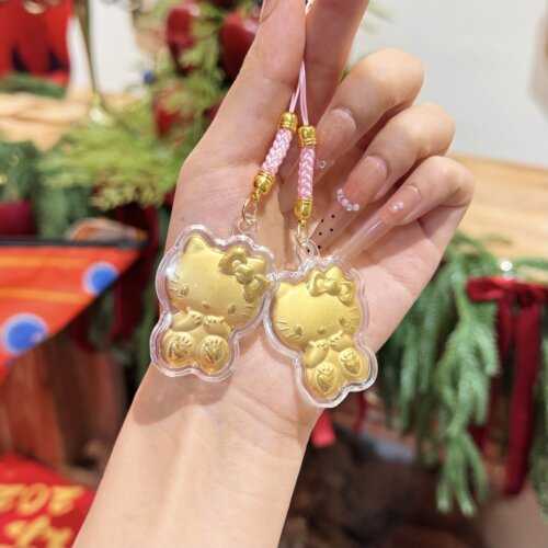 足金水贝黄金低克重送礼迷你哈喽KT猫潮玩包包挂绳钥匙扣挂件 - 图2