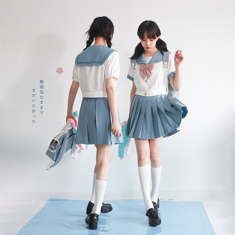 仲春二四jk 水竺女子刺绣短袖泡泡袖水手服中间服夏服套装女 虎窝淘