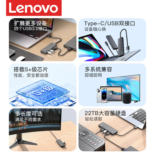 联想usb扩展器3.0多接口集分线器插头多口usp多功能拓展坞外接华为苹果笔记本台式电脑手机iPad一拖多延长hub - 图0