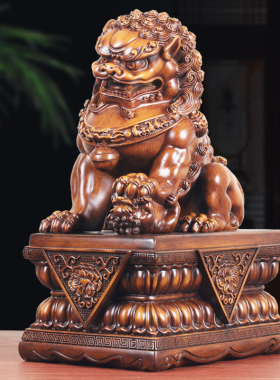 森木桐仿木雌雄狮子一对中式摆件