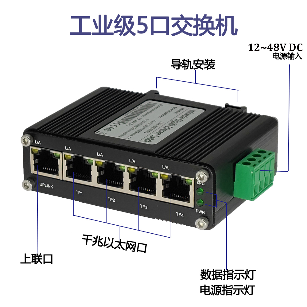 5口交换机工业级千兆POE RJ45支持30W功率12~48VDC带升压导轨式 - 图1