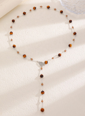 复古美拉德仿虎眼石串珠长款毛衣