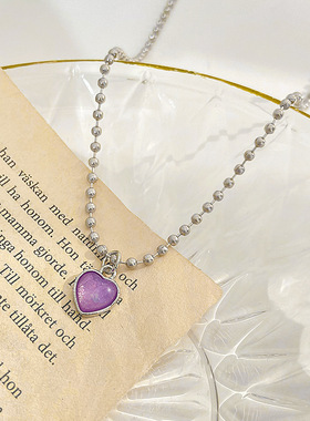 欧美ins紫色爱心项链女  时尚轻奢小众设计心形锁骨链气质毛衣链