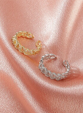 欧美新款锆石链条戒指时尚简约几何镂空开口可调节指环饰品女